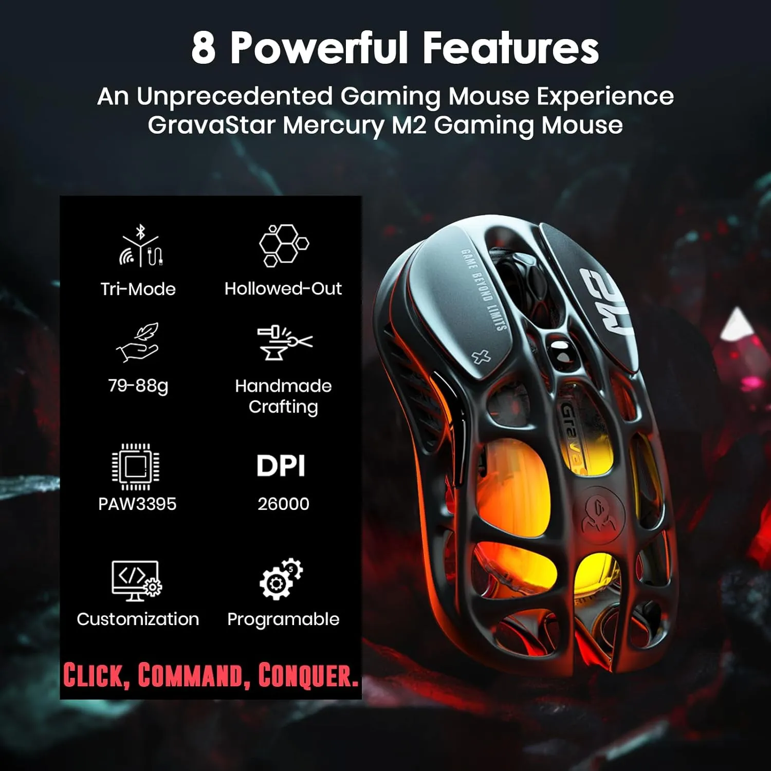 GRAVASTARM2_BLK GravaStar Mercury M2 Gaming Mouse RGB GravaStar Mercury M2 Gaming Mouse -MMO Gaming with 26,000 DPI Optical Sensor -78g Lightweight Hollowed-Out Design -5 Programmable Buttons -5 Dynamic Lightsync RGB Modes -Stealth Black