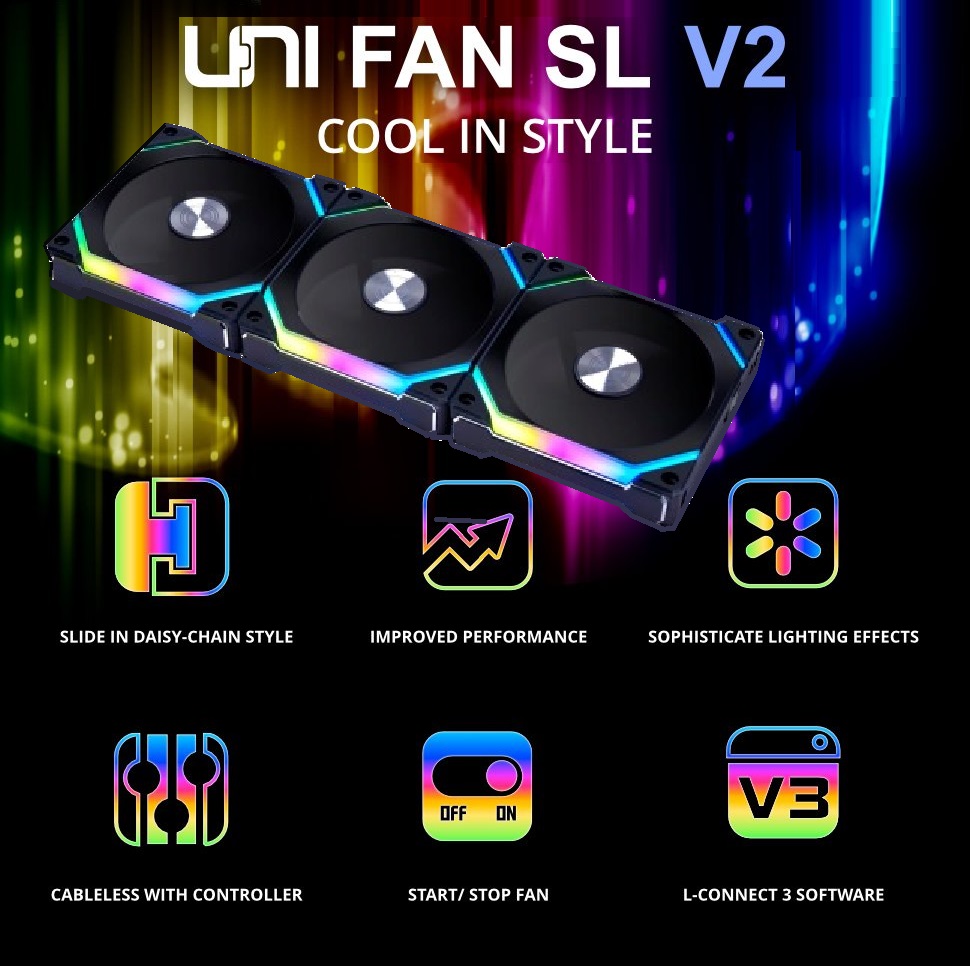 Lian Li UNI Fan SL120 V2 RGB Black 120mm x3 Fan & Controller (11) UF -SL120V2-3B Lian Li UNI Fan SL120 V2 RGB Black 120mm x3 Lian Li UNI Fan SL120 V2 RGB Black 120mm Fan Pack of Three with Controller - Cluster Connections - 18 cm Extension Cable - 28mm Thick Frame - Black UF-SL120V2-3B