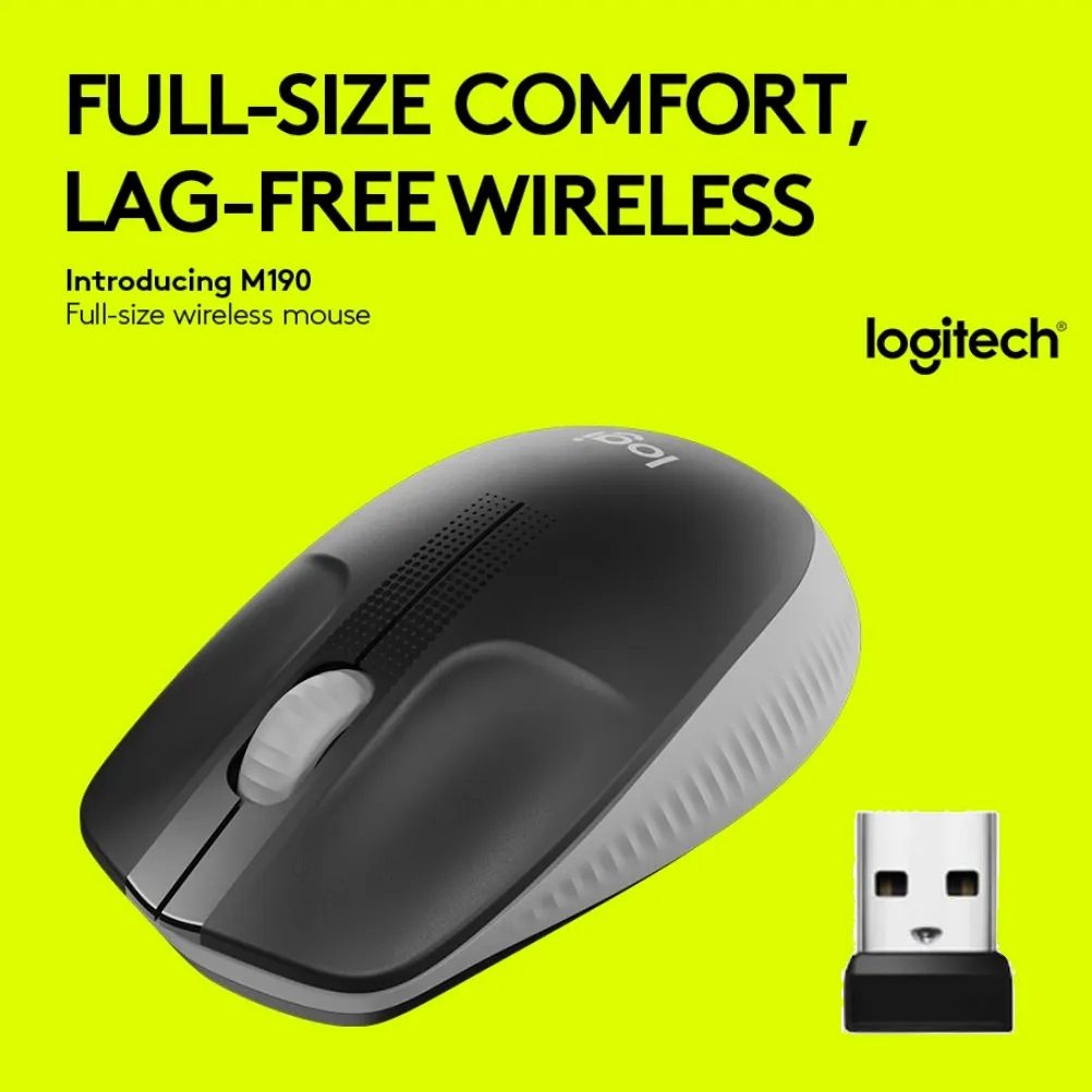910-005923 Logitech Wireless Bluetooth Mouse M190 Logitech Wireless Mouse M190, Full Size Ambidextrous Curve Design, 18-Month Battery With Power Saving Mode, USB Receiver, Precise Cursor Control + Scrolling, Wide Scroll Wheel, Scooped Buttons – Black