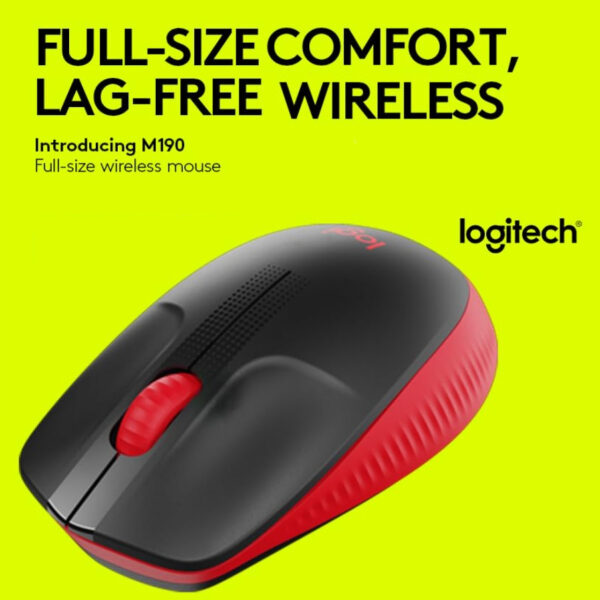 910-005926 M190 Logitech Wireless Mouse Full Size Logitech Wireless Mouse M190, Full Size Ambidextrous Curve Design, 18-Month Battery with Power Saving Mode, USB Receiver, Precise Cursor Control + Scrolling, Wide Scroll Wheel, Scooped Buttons - Red