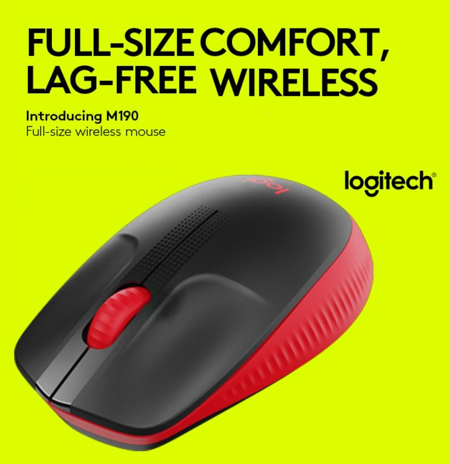 910-005926 M190 Logitech Wireless Mouse Full Size Logitech Wireless Mouse M190, Full Size Ambidextrous Curve Design, 18-Month Battery with Power Saving Mode, USB Receiver, Precise Cursor Control + Scrolling, Wide Scroll Wheel, Scooped Buttons - Red