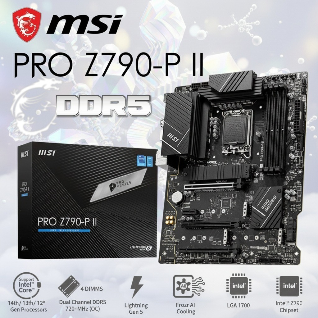 MSI PRO Z790-P II DDR5 LGA 1700 Intel Z790 SATA 6Gbs DDR4 ATX Motherboard MSI PRO Z790-P II ATX Motherboard With Intel Z790 Chipset, LGA 1700 Support, 4 DIMMs DDR5 7200+MHz OC, PCIe 5.0, 4x M.2 Gen4, 2.5G LAN, USB 20Gbps , for Intel® Core™ 14th/ 13th/ 12th Gen Processors