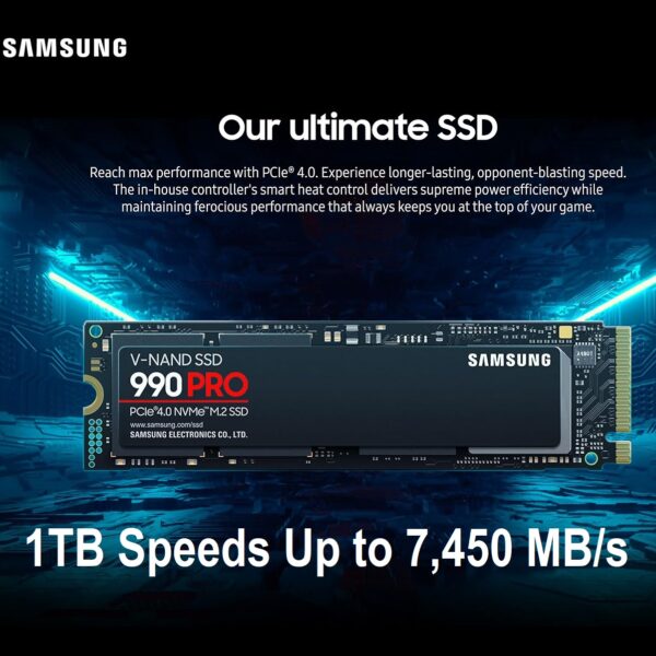 MZ-V9P1T0BW SAMSUNG 990 PRO SSD 1TB PCIe 4.0 M.2 2280 NVMe SAMSUNG 990 PRO SSD 1TB PCIe 4.0 M.2 2280 Internal Solid State Hard Drive, Seq. Read Speeds Up to 7,450 MB/s for High End Computing, Gaming, and Heavy Duty Workstations, MZ-V9P1T0B