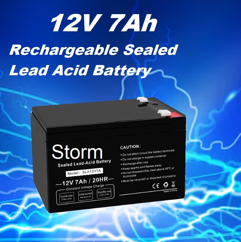 Storm 2V 7Ah Rechargeable Sealed Lead Acid Battery for UPS (1) UPS-BAT-STORM-7A 12V 7Ah Rechargeable Sealed Lead Acid Battery Storm 12V 7Ah Rechargeable Sealed Lead Acid Battery , F2 Terminal Type , Maintenance- free & Spill proof , for UPS Device, Home Alarm System, Emergency Lighting System, etc.