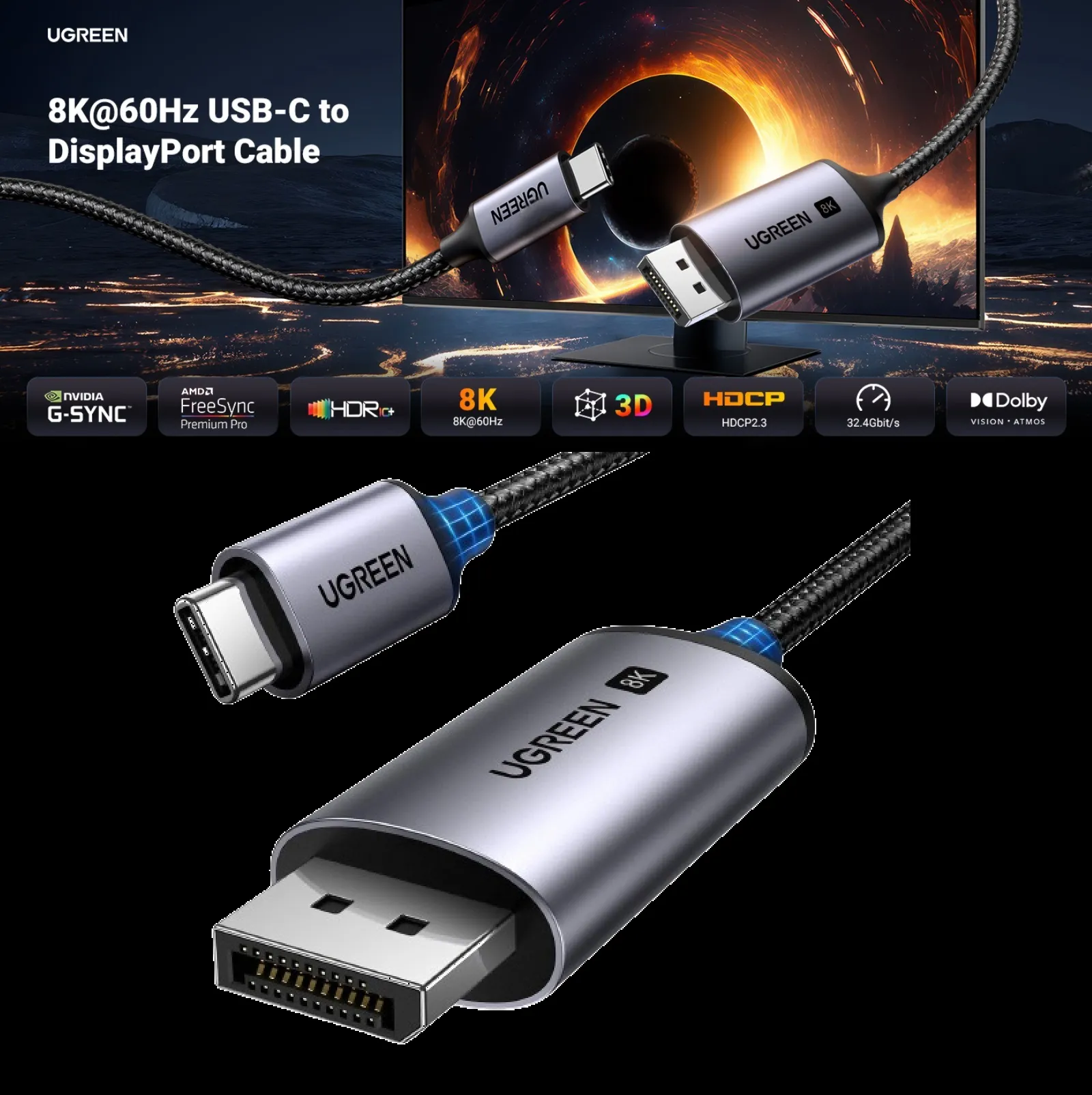 UGREEN-25157 UGREEN Cable USB C to DisplayPort 8K UGREEN USB C to DisplayPort 1.4 Cable 8K@60Hz 4K@240Hz Thunderbolt 4/3 to DisplayPort Cord USB C to DP 1.4 32.4Gbps Braided Compatible iPhone 15, MacBook Pro/Air, iPad, Mac Mini, Galaxy, XPS 17 | 1 meter