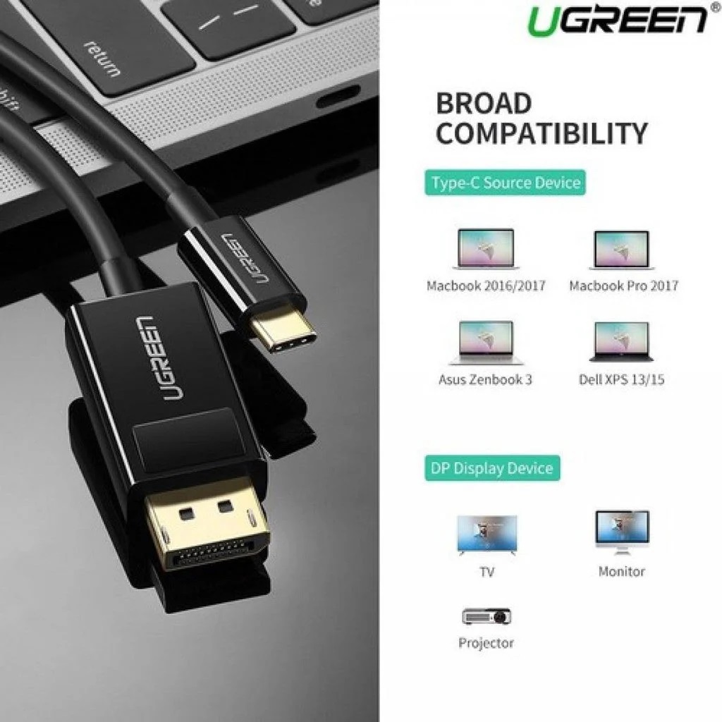 UGREEN-50994 UGREEN USB-C to Display Port cable 150cm UGREEN USB-C to Display Port cable 1.5 meters , Reversible Bidirectional Function , Ultra HD 4K DisplayPort 1.2V (21.6Gbps) , Interference-free , Compatible with Windows , Android, MacOS