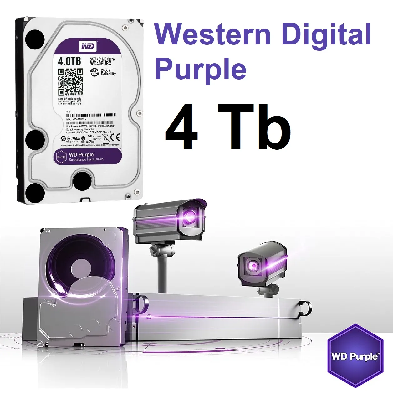 4TB HDD Western Digital Purple Surveillance WD40PURX-64P6ZY0 Western Digital Purple HDD 4TB Surveillance Western Digital Purple HDD 4TB Surveillance Hard Disk Drive - 5400 RPM Class SATA III 6 Gb/s 64MB Cache 3.5 Inch - (PVR, DVR, NVR and IPTV) Heavy Duty 24 - WD40PURX