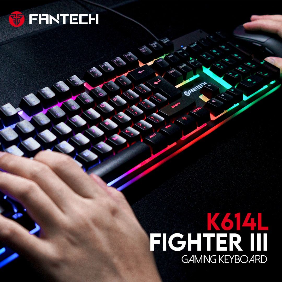 K614L-BK Fantech K614L Fighter III RGB Gaming Keyboard Fantech K614L Fighter III RGB Gaming Keyboard - Wired , 104 Keys Fill Size , 26 Keys Anti-ghosting , 5 RGB Modes , Membrane Switch , Aluminum Panel - BLACK