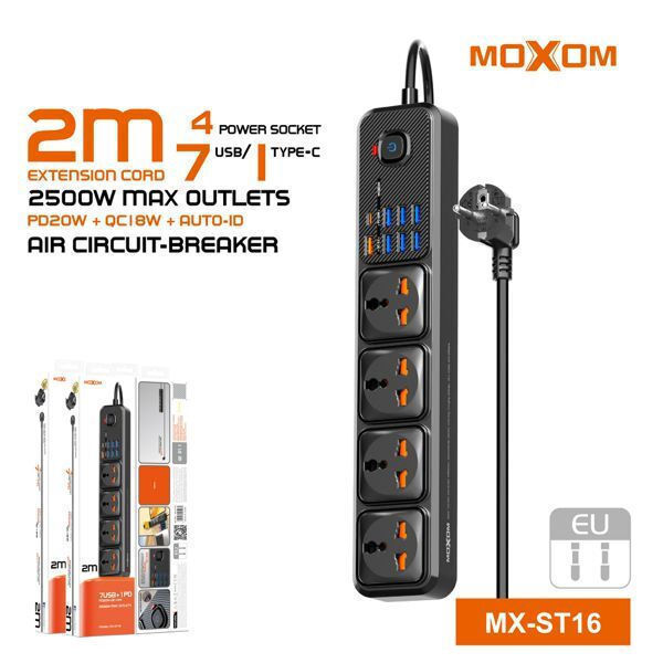 MX-ST16 12 IN 1 Power Strip MOXOM ST16 12 IN 1 US Power Strip MOXOM ST16 -  4 SLOTS+7 USB+ TYPE C 20W - 2 METERS CORD - Child Safety Shutters - Air Circuit-breaker - Overload Protection - PD20W QC18W - 2500W Max Outlets | BLACK