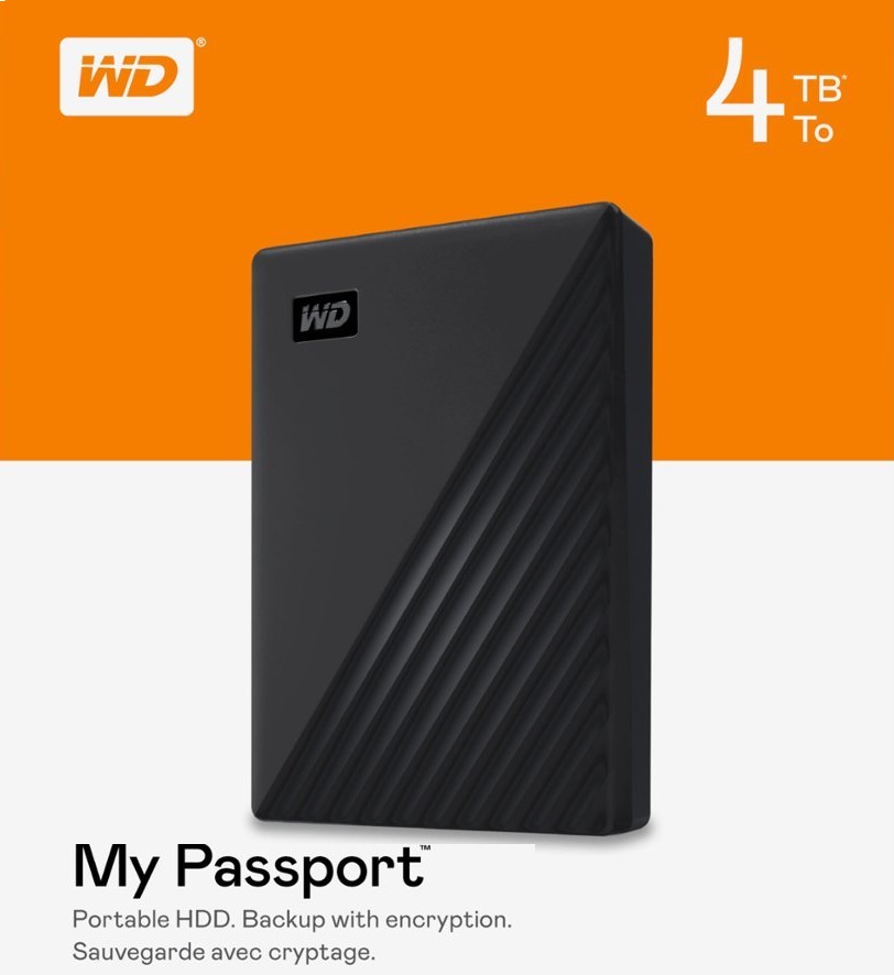 4TB My Passport Portable External Hard Drive (2) WDBPKJ0040BBK-WEWM 4TB My Passport Portable External Hard Drive WD 4TB My Passport Portable Storage External Hard Drive USB 3.2 - Built in 256-bit AES Hardware Encryption - up to 5Gb/s Transfer Rate - Windows 10+, macOS 11+, ChromeOS | BLACK WDBPKJ0040BBK-WEWM