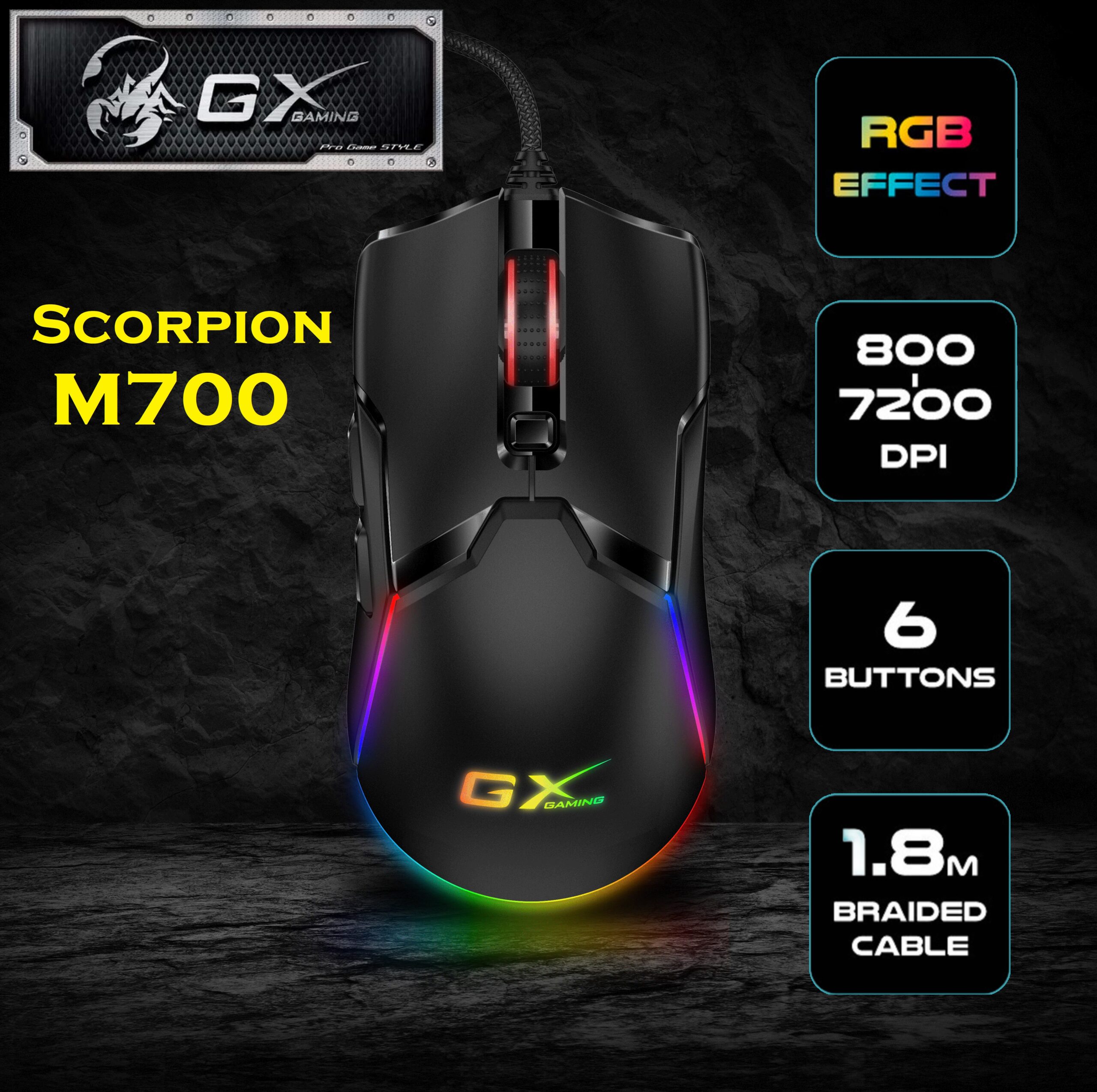 SCORPION-M700 Scorpion M700 RGB Gaming Mouse Genius Scorpion M700 RGB Gaming Mouse - Adjustable DPI 800/1600 /2400/3200/4800/7200 - Wired USB Interface -  1.8m Braided Cable - 6 Customizable Buttons | Black 
