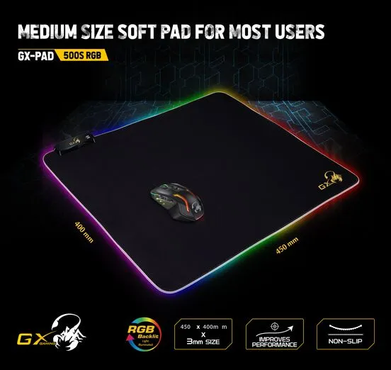 Genius GX-PAD 500S RGB Gaming Mouse Pad GX-500S Genius GX-PAD 500S RGB Gaming Mouse Pad Genius GX-PAD 500S  RGB Gaming Mouse Pad , Included 1.8m USB Cable -  3 Dynamic RGB modes and 7 Static lighting modes - Premium Smooth Surface, Non-Slip Rubber Base - 450 x 400 x 3mm 
