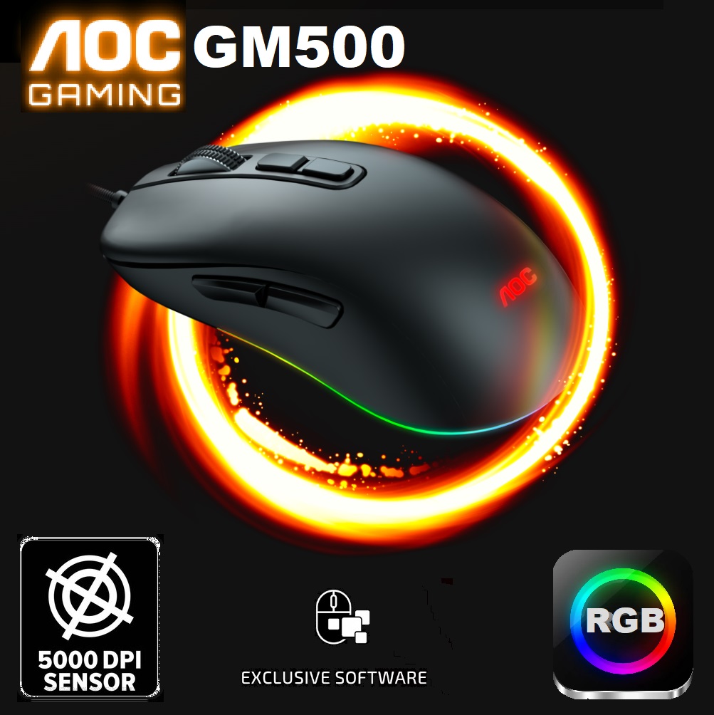GM500DRBN GM500 RGB Gaming Mouse Adjustable 5000 DPI AOC GM500 RGB Gaming Mouse - Adjustable 5000 DPI - Omron switches - 4 RGB Effects - 8 Buttons - Up to 20G Acceleration - USB 2.0 Type A Interface - Exclusive Software - BLACK GM500DRBN GM500 RGB Gaming Mouse Adjustable 5000 DPI AOC GM500 RGB Gaming Mouse - Adjustable 5000 DPI - Omron switches - 4 RGB Effects - 8 Buttons - Up to 20G Acceleration - USB 2.0 Type A Interface - Exclusive Software - BLACK