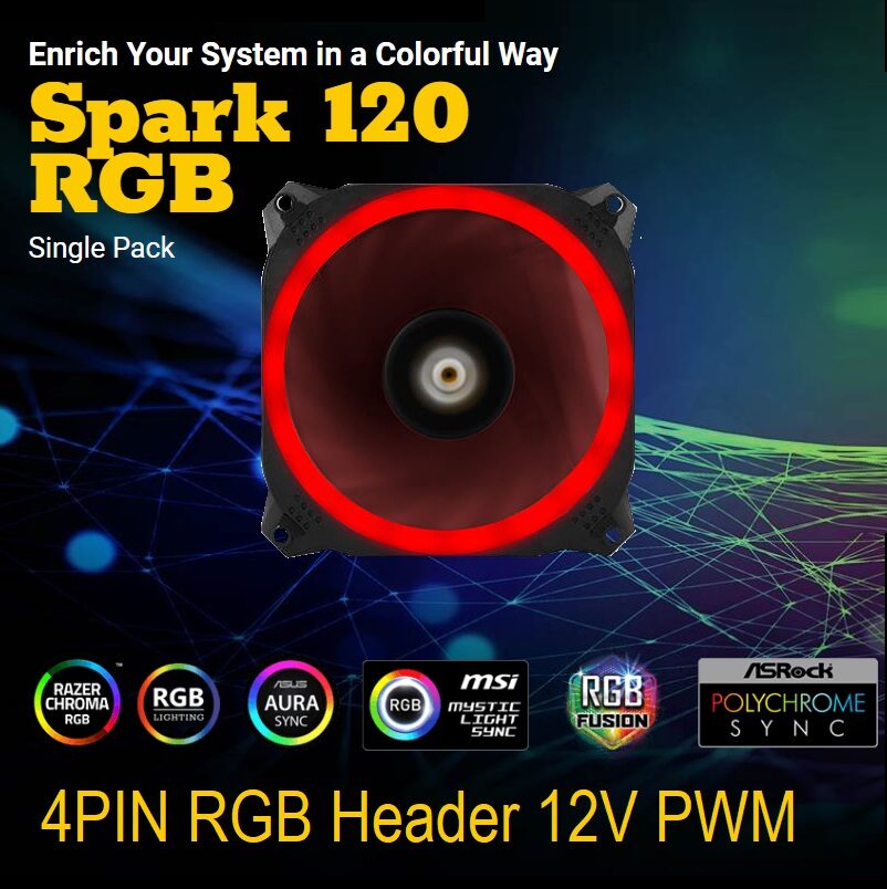 Antec Spark 120 RGB Single Pack PWM Case Fan SPARK-120-RGB Antec Spark 120 RGB Single Pack PWM Case Fan Antec Spark 120 RGB Single Pack PWM Case Fan - 120mm 4PIN RGB Header , 12V HYDRAULIC BEARING - Front & Back Dual RGB Ring - 7 Color RGB Lightings - 2000 RPM , 45.03 CFM , 32.6 dBA - BLACK
