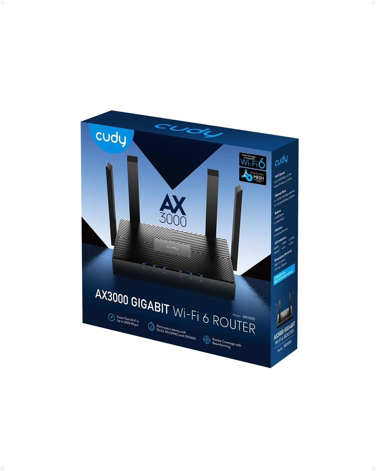 WR3000-EU AX3000 Dual Band Wi-Fi 6 Mesh Router Cudy WR3000 AX3000 Dual Band Wi-Fi 6 Mesh Router with MU-MIMO, OFDMA, and Smart Beamforming – Connect Over 100 Devices with Enhanced Security and Easy Cloud Management