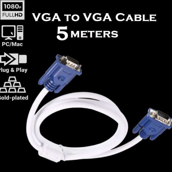 DELUXE-VGA-5M DELUXE VGA to VGA Cable 5 meters DELUXE VGA to VGA cable – 5m – high-purity copper conductors (Full HD, VGA to VGA monitor cable & VGA lead, connects computers to screens/projectors, 15-pin D-Sub) - Blue & White