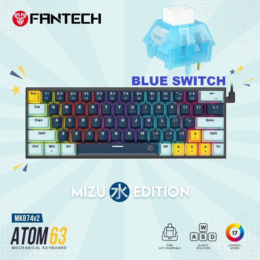 FANTECH ATOM63 MK874V2 MECHANICAL GAMING KEYBOARD NAVY BLUE (1) MK874V2-NAB FANTECH ATOM63 MK874V2 MECHANICAL GAMING FANTECH ATOM63 MK874V2 MECHANICAL GAMING KEYBOARD - 60% , 63 Total keys – Double Injection Keycaps – 3 Pin Hot Swappable – Blue Switch – 17 RGB Modes – 26 Keys Rollover AntiGhosting | MIZU SERIES NAVY BLUE