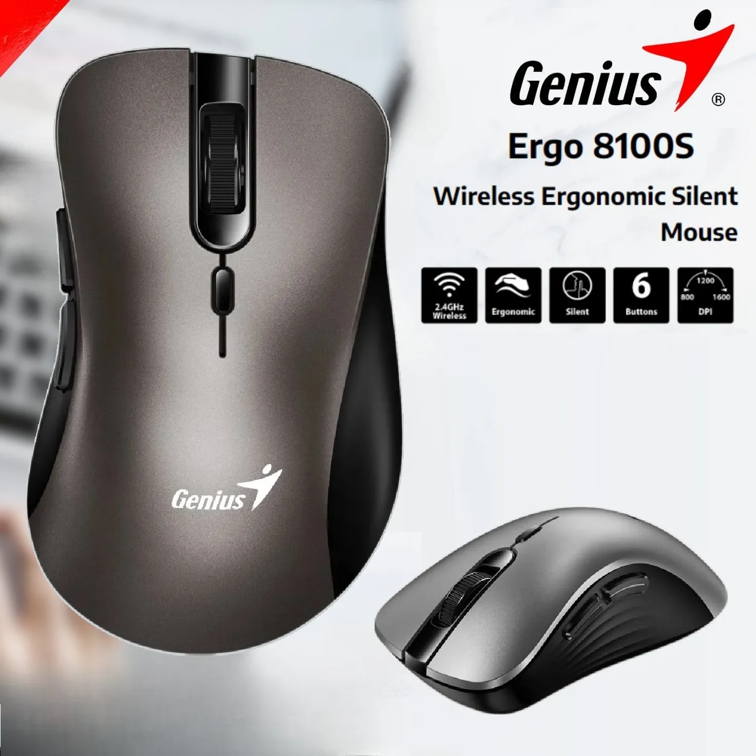 ERGO-8100S-C Wireless Ergonomic Silent Mouse Titanium Genius ERGO 8100S Wireless Silent Mouse 2.4GHz – Ergonomic Right Handed – Silent Switch –  6 Buttons – Adjustable DPI 1600 – Compatible with Windows, Mac OS, and Linux OS | Titanium Champagne