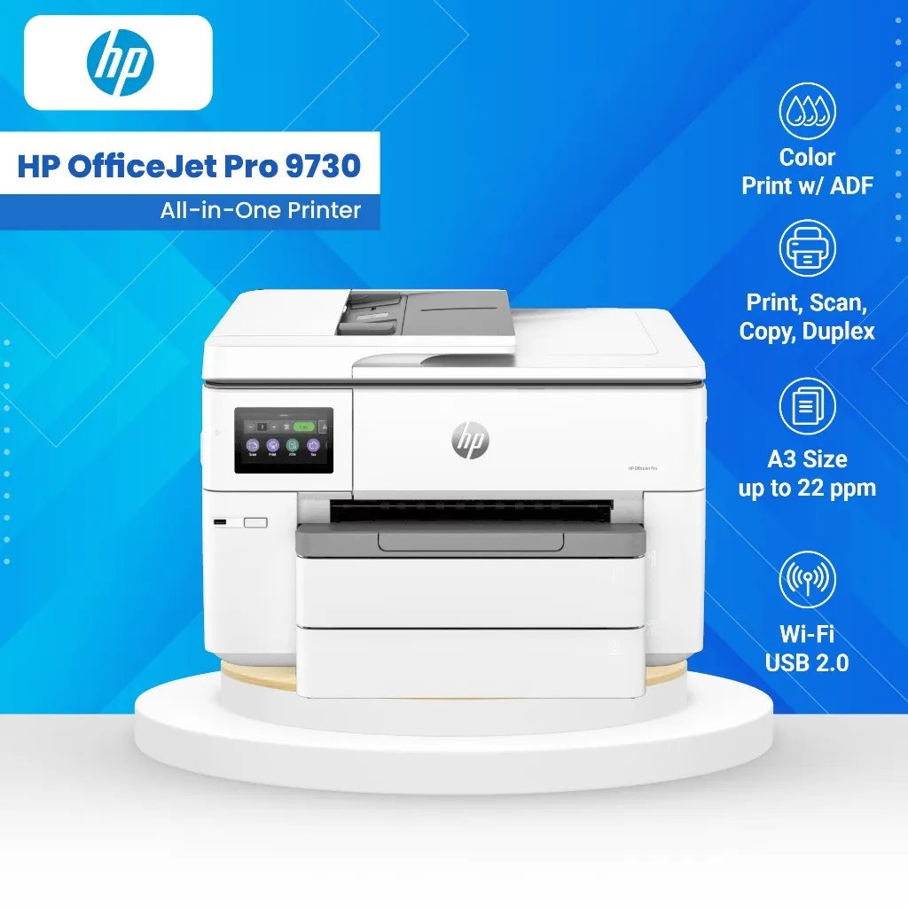 537P5C#614 Pro 9730 Wide Format All-in-One Printer HP OfficeJet Pro 9730 Wide Format All-in-One Printer " Print, Copy, Scan" Fast 22 ppm Printing - Vibrant A3 Color Prints - Automatic Duplexing - Secure Dual Band Wi-Fi - for High Demand Business Environments - WHITE 537P5C