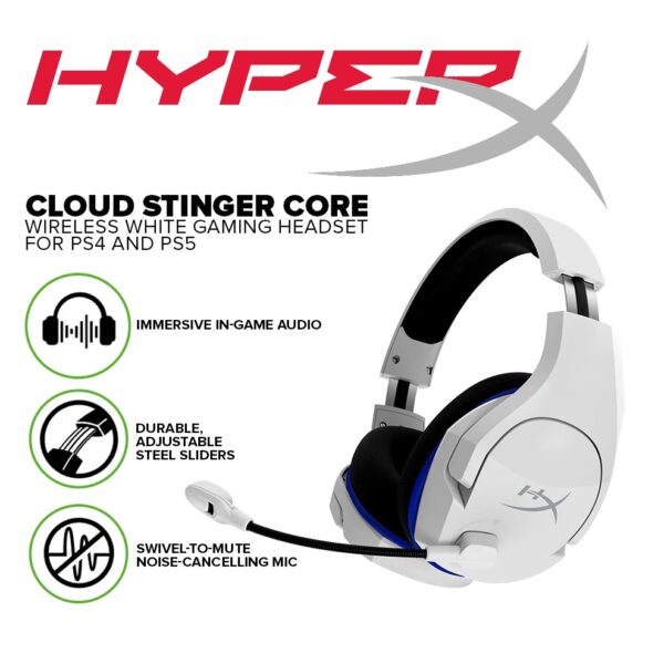 STINGER-CORE-WOB Stinger Core White Wireless Gaming Headset HyperX HHSS1C-KB-WT/G Cloud Stinger Core – Wireless Gaming Headset, for PS4, PS5, PC, Lightweight, Durable Steel Sliders, Noise-Cancelling Microphone - White
