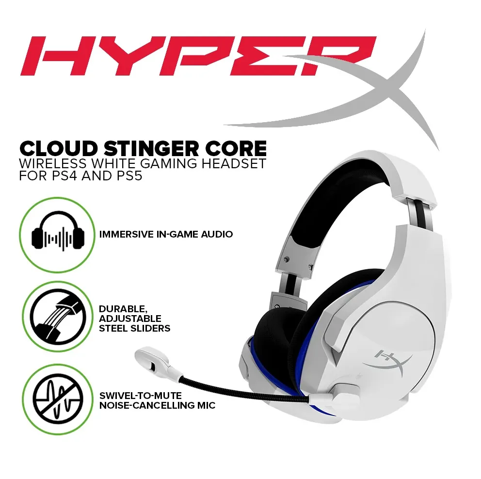 STINGER-CORE-WOB Stinger Core White Wireless Gaming Headset HyperX HHSS1C-KB-WT/G Cloud Stinger Core – Wireless Gaming Headset, for PS4, PS5, PC, Lightweight, Durable Steel Sliders, Noise-Cancelling Microphone - White