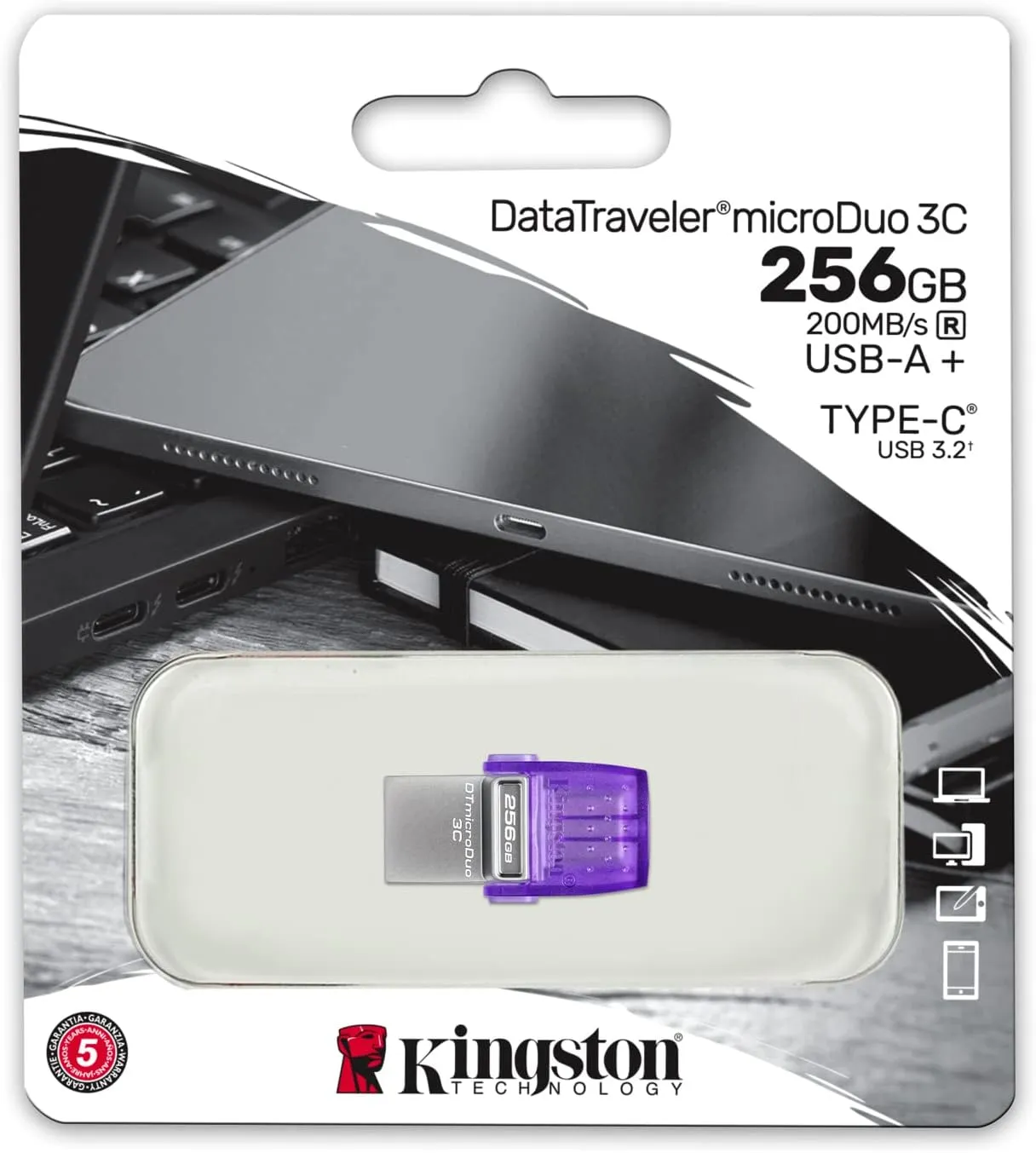 DTDUO3CG3/256GB Kingston DataTraveler microDuo 3C 256GB Kingston DataTraveler microDuo 3C 256GB USB-C & USB-A Flash Drive | Speeds up to 200 MB/s | USB 3.2 Gen 1 | Duo Connector | DTDUO3CG3/256GB