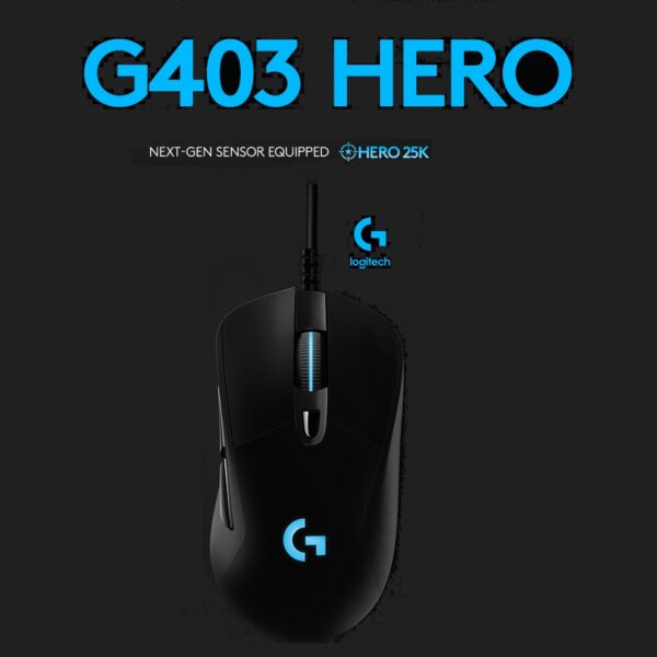 910-005636 Logitech G403 Hero 25K Gaming Mouse Lightsync Logitech G403 Hero 25K Gaming Mouse, Lightsync RGB, Lightweight 87G+10G optional, Braided Cable, 25, 600 DPI, Rubber Side Grips, Black