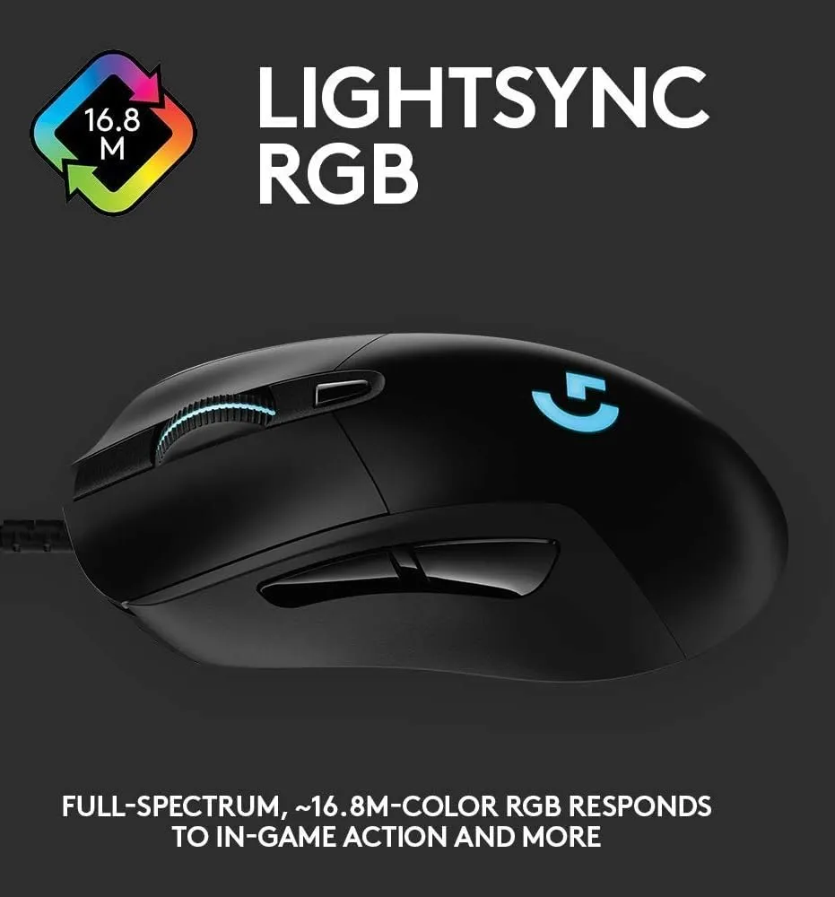 910-005636 Logitech G403 Hero 25K Gaming Mouse Lightsync Logitech G403 Hero 25K Gaming Mouse, Lightsync RGB, Lightweight 87G+10G optional, Braided Cable, 25, 600 DPI, Rubber Side Grips, Black
