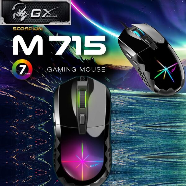 SCORPION-M715 GX Scorpion M715 RGB Gaming Mouse GX Scorpion M715 RGB Gaming Mouse - Colorful Breathing 3D RGB - USB Wired 1.8 m Braided Cable - 6 Programmable Buttons - Instant DPI Switching 800, 1600, 2400, 3200, 4800, 7200 | Black