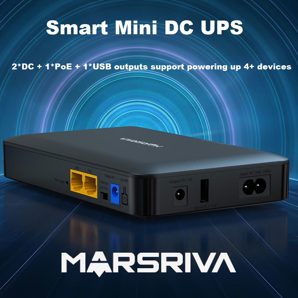 MARSRIVA Smart Mini DC UPS 18 Watts 10000mAh Passive POE (4) LINKOM-MINI-UPS-1000 Mini DC UPS 18 Watts 10000mAh Passive POE MARSRIVA Smart Mini DC UPS KP2 Series | 18 Watts 10000mAh | 0ms AC to DC Transfer | Flame Retardant | Wall Mount Slots | 1 x Passive PoE, 2 x DC and 1 x USB Output Ports | KP2 BLACK