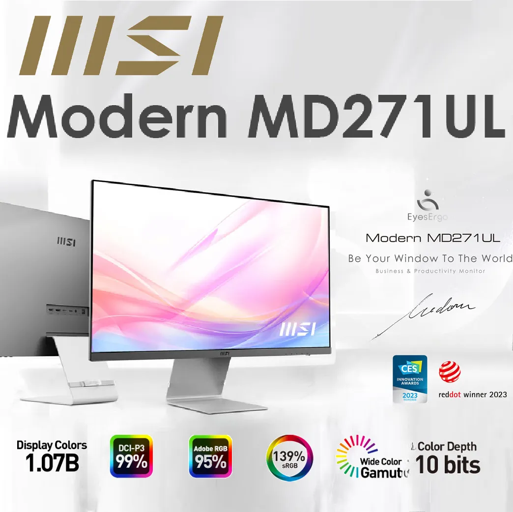 9S6-3PB8CH-002 MSI Modern MD271UL 27 inch 4K UHD Monitor MSI Modern MD271UL 27-inch 4K UHD Business IPS Monitor - (3840 x 2160 / 16:9) Resolution - IPS panel with 178° Wide Viewing Angle - Ultra Slim Frameless Design - Wide Color Gamut -  2 x HDMI (2.0b) , Type C (DP Alternate) , DisplayPort (1.2a) | Black