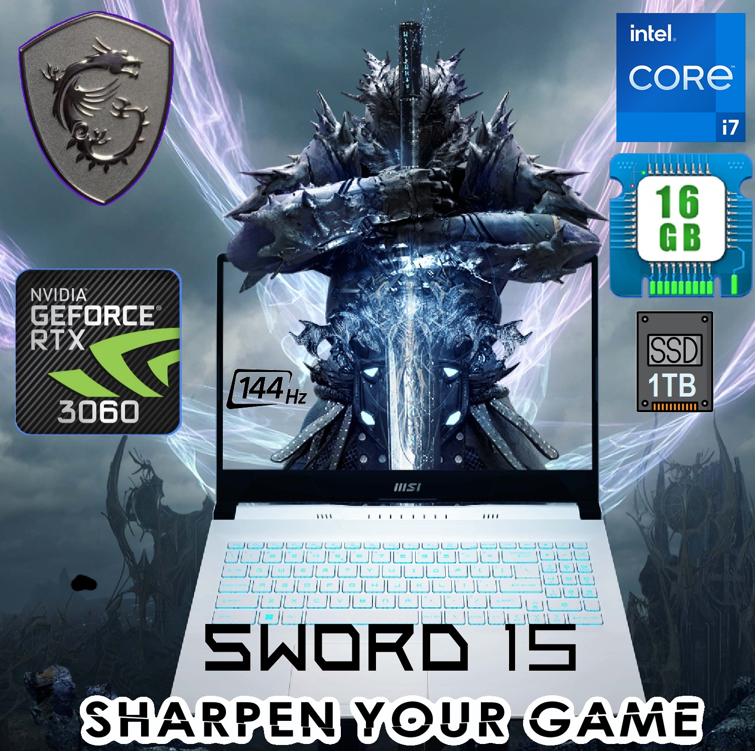 MSI SWORD 15 i7-12650H RTX 3060 1TB SSD Windows 11 15.6 inch (1) 9S7-158333-605 MSI SWORD 15 i7-12650H RTX 3060 1TB SSD MSI SWORD 15 A12UE-605 Intel® Core™ i7-12650H | 16 GB DDR4 RAM ; 1TB SSD | 15.6 inch IPS Display 144 HZ | RTX 3060 ; 6GB | Keyboard with Blue Backlighting | Windows 11 | Clamshell White
