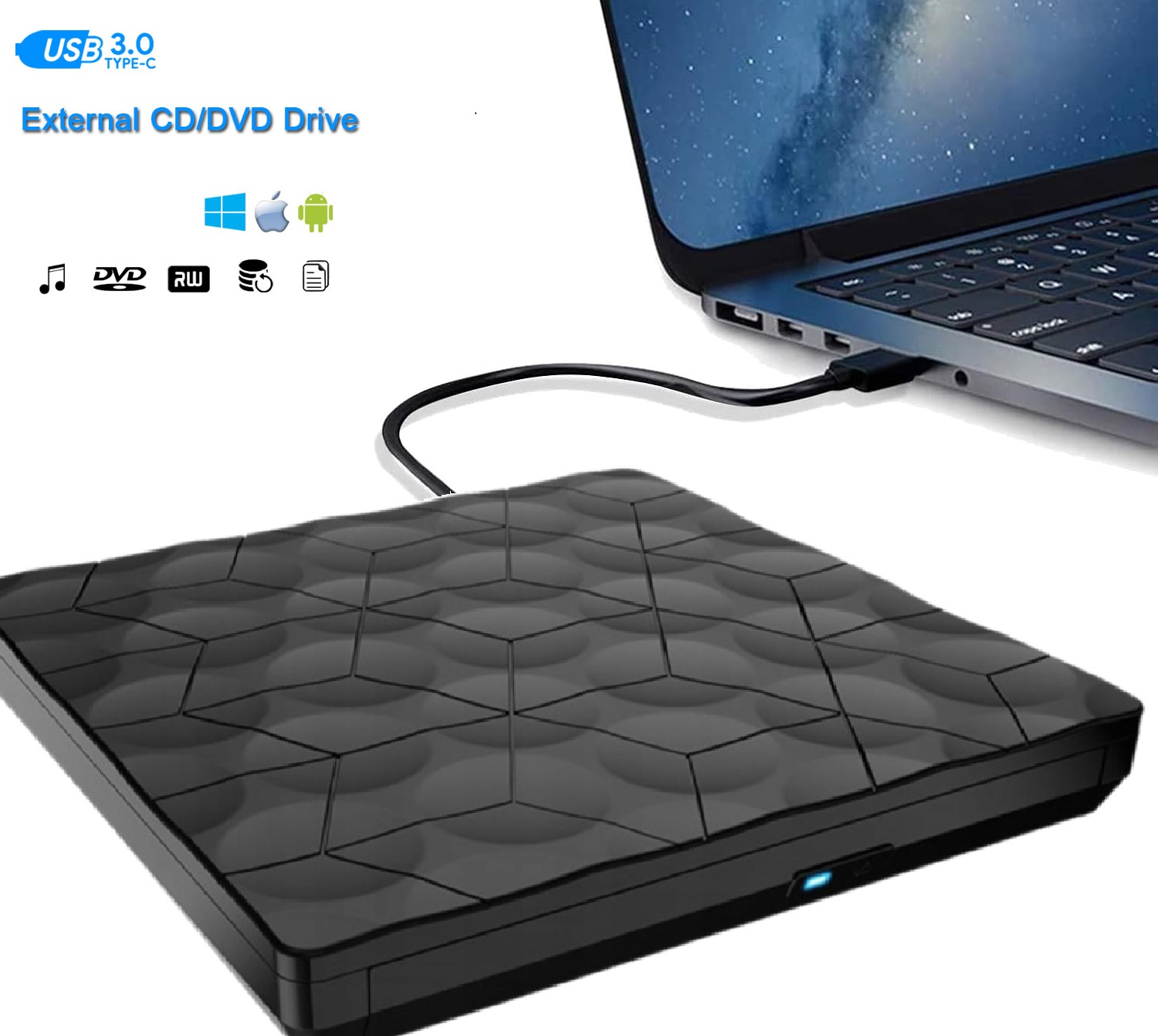 Portable External CD DVD Burner Writer Optical Drive (1) EXT-DVD-3.0 External CD DVD Burner Writer Optical Drive External CD DVD Drive USB 3.0 Type C Portable Ultra Slim CD DVD Rewriter Burner Writer Optical Drive - Standard USB 3.0 Interface with a USB A to USB C adapter OTG - Compatible with Windows Linux Mac OS