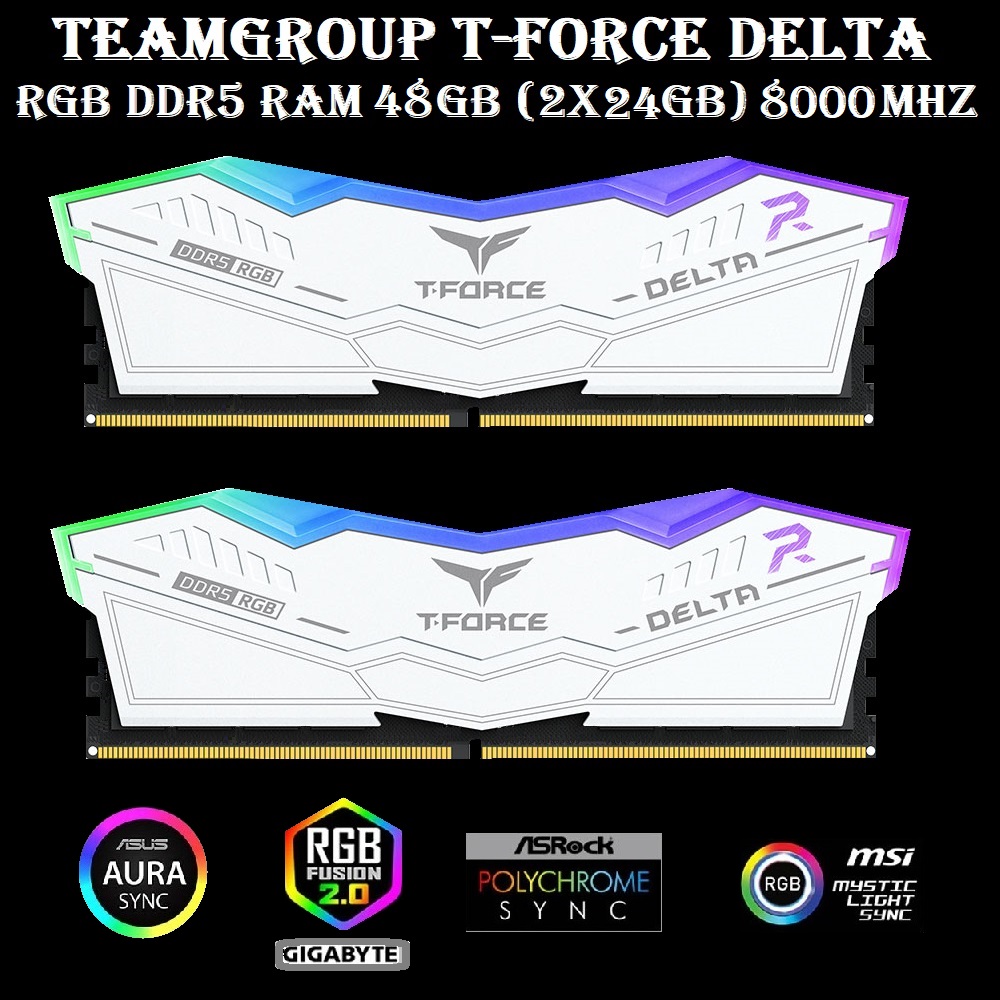 RGB DDR5 WHITE Ram 48GB Kit 8000MHz CL38 FF4D548G8000HC38EDC0 RGB DDR5 WHITE Ram 48GB Kit 8000MHz CL38 TEAMGROUP T-Force Delta RGB DDR5 Ram 48GB Kit (2x24GB) 8000MHz (PC5 64000) CL38 1.45V Desktop Memory Module Ram for 600 700 Series Chipset XMP 3.0 Ready - White FF4D548G8000HC38EDC01