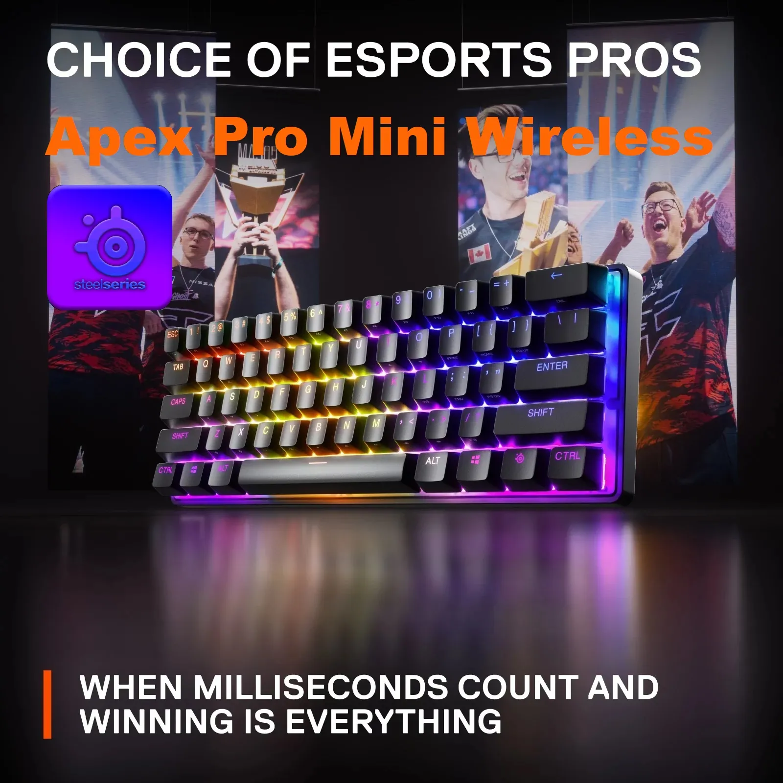 SteelSeries Apex Pro Mini Wireless RGB Mechanical Keyboard (1) Apex Pro Mini Wireless Mechanical Keyboard SteelSeries Apex Pro Mini Wireless Mechanical Gaming Keyboard - World's Fastest Keyboard - Adjustable Actuation - Compact 60% Form Factor - RGB - PBT Keycaps - Bluetooth 5.0 - 2.4GHz - USB-C