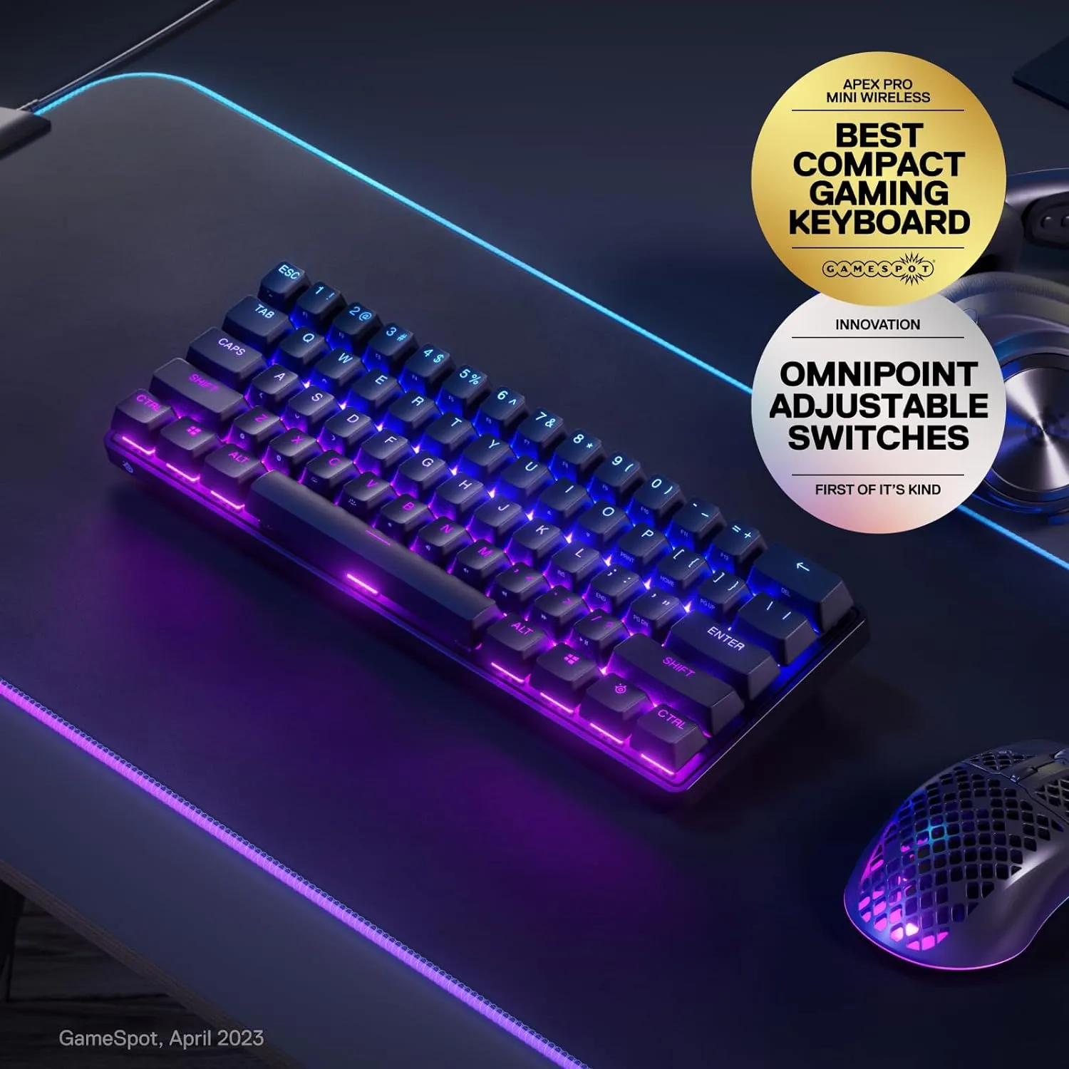 SteelSeries Apex Pro Mini Wireless RGB Mechanical Keyboard (11) Apex Pro Mini Wireless Mechanical Keyboard SteelSeries Apex Pro Mini Wireless Mechanical Gaming Keyboard - World's Fastest Keyboard - Adjustable Actuation - Compact 60% Form Factor - RGB - PBT Keycaps - Bluetooth 5.0 - 2.4GHz - USB-C