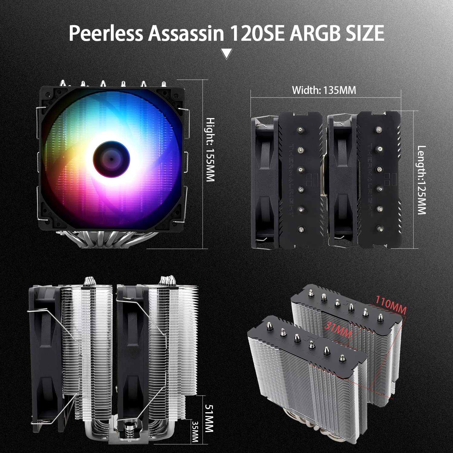 PEERLESS-120-SE Peerless Assassin 120 SE ARGB CPU Air Cooler Thermalright Peerless Assassin 120 SE ARGB CPU Air Cooler , 6 Heat Pipes CPU Cooler, Dual 120mm TL-C12C-S PWM Fan, Aluminium Heatsink Cover, AGHP Technology, for AMD AM4 AM5/Intel 1700/1150/1151/1200 | BLACK 