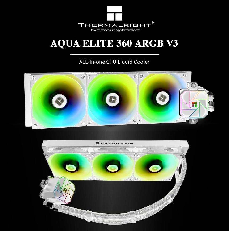WHITE Aqua Elite 360 V3 ARGB Liquid CPU Cooler 3X120 PWM Fan (1) AQUA-ELITE-360-V3-W WHITE Aqua Elite 360 V3 ARGB Liquid CPU Cooler Thermalright Aqua Elite 360 V3 ARGB Liquid CPU Cooler , 360 Cooling Row Size , 3 x 120mm PWM Fans , S-FDB Bearings ,for AMD/AM4/AM5 , Intel LGA1150/1151/1155/1156/1200/2011/1700 , Desktop CPU Cooler AIO