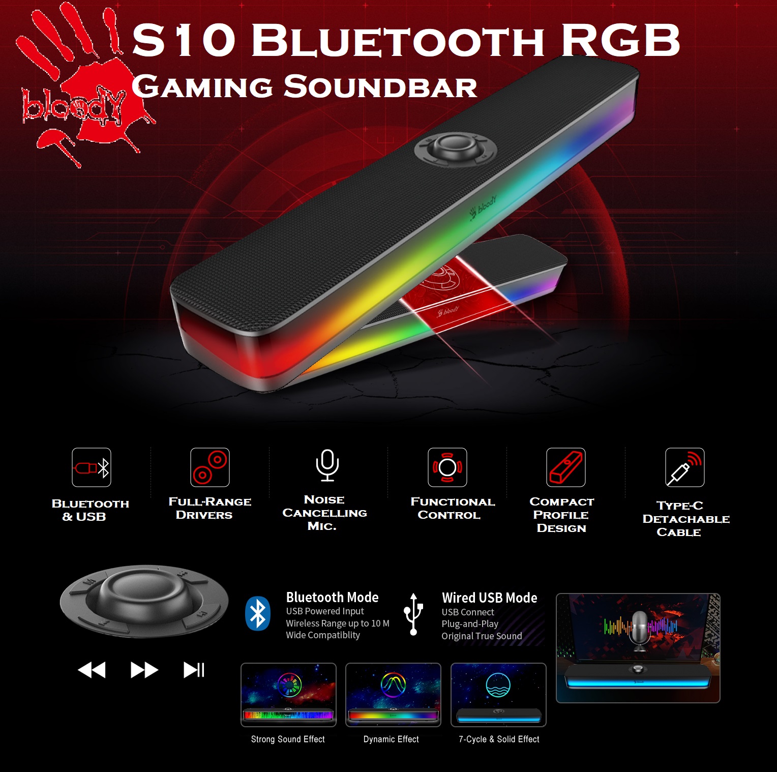 bloody Bluetooth RGB Gaming Soundbar ; Speaker + Mic Bluetooth & USB Wired Connectivity Dynamic RGB Effect Noise Cancelling Mic All-In-One functional knob Compatible with PC, MAC, PS5PS4 Sleek Black (1) BLOODY-S10 Bluetooth RGB Gaming Soundbar Speaker and Mic bloody Bluetooth RGB Gaming Soundbar ; Speaker + Mic | Bluetooth & USB Wired Connectivity | Dynamic RGB Effect | Noise Cancelling Mic | All-In-One functional knob | Compatible with PC, MAC, PS5/PS4 | Sleek Black