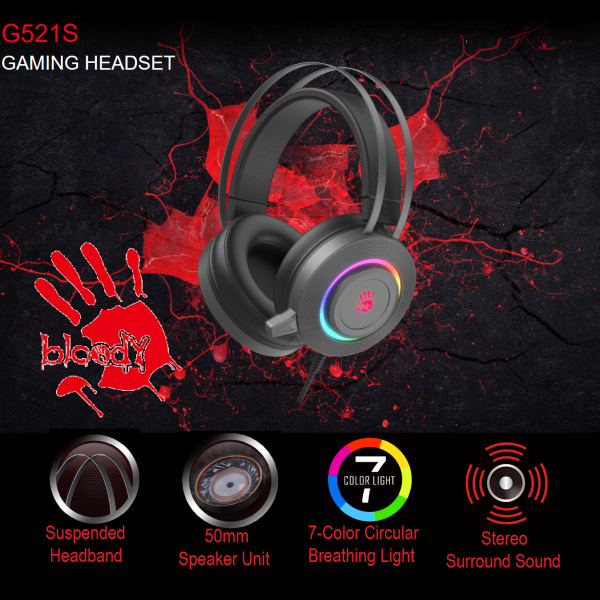 BLOODY-G521S bloody G521S RGB Gaming Headset Omni Noise-Canceling Mic bloody G521S RGB Gaming Headset , 50 mm speaker , Omni-Directional Noise-Canceling Mic. , Suspended Headband , 7-Color Circular Breathing Light , 230 cm USB Cable - Sliver Black 