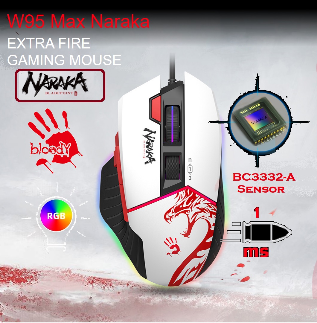 bloody W95 Max Naraka RGB White Gaming Mouse 1ms Response (7) BLOODY-W95-MAX bloody W95 Max Naraka RGB White Gaming Mouse bloody W95 Max Naraka RGB Gaming Mouse | Metal X'Glide Armor Boot | Extra Fire Button | 1 ms Key Response | 35G acceleration ; 12,000 CPI ; 8000 FPS ; 250 IPS | White