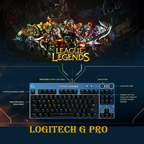 920-010539 Logitech G PRO RGB Keyboard League of Legends Logitech G PRO Mechanical GX Brown Tactile Switch Gaming Keyboard – Ultra-Portable Tenkeyless Design, Detachable USB Cable, LIGHTSYNC RGB Backlit Keys, Official League of Legends Edition
