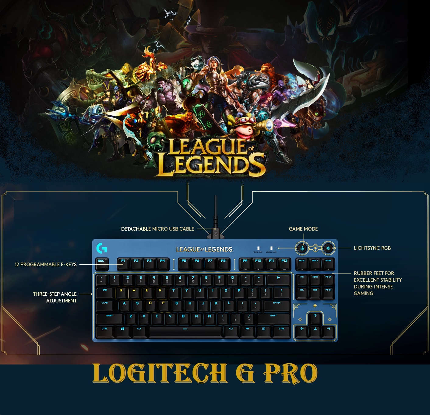 920-010539 Logitech G PRO RGB Keyboard League of Legends Logitech G PRO Mechanical GX Brown Tactile Switch Gaming Keyboard – Ultra-Portable Tenkeyless Design, Detachable USB Cable, LIGHTSYNC RGB Backlit Keys, Official League of Legends Edition