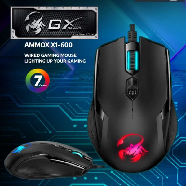 XI-600 GX Ammox X1-600 RGB Gaming Mouse GX Ammox X1-600 RGB Gaming Mouse - 7-Color RGB LED with Breathing Effects | Adjustable DPI 400, 800, 1200, 2400, and 3200 - Compatible with Windows  & macOS | Black