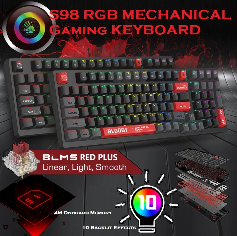 BLOODY-S98 S98 Mechanical Gaming Keyboard BLMS Red Plus bloody S98 RGB Mechanical Gaming Keyboard with BLMS Red Plus Hot-Swappable Switch | RGB Backlit 98-Key Style Keyboard | 3-Direction Cable Management | 4M Onboard Memory | N-Key Rollover | Bloody Red BLOODY-S98 S98 Mechanical Gaming Keyboard BLMS Red Plus bloody S98 RGB Mechanical Gaming Keyboard with BLMS Red Plus Hot-Swappable Switch | RGB Backlit 98-Key Style Keyboard | 3-Direction Cable Management | 4M Onboard Memory | N-Key Rollover | Bloody Red