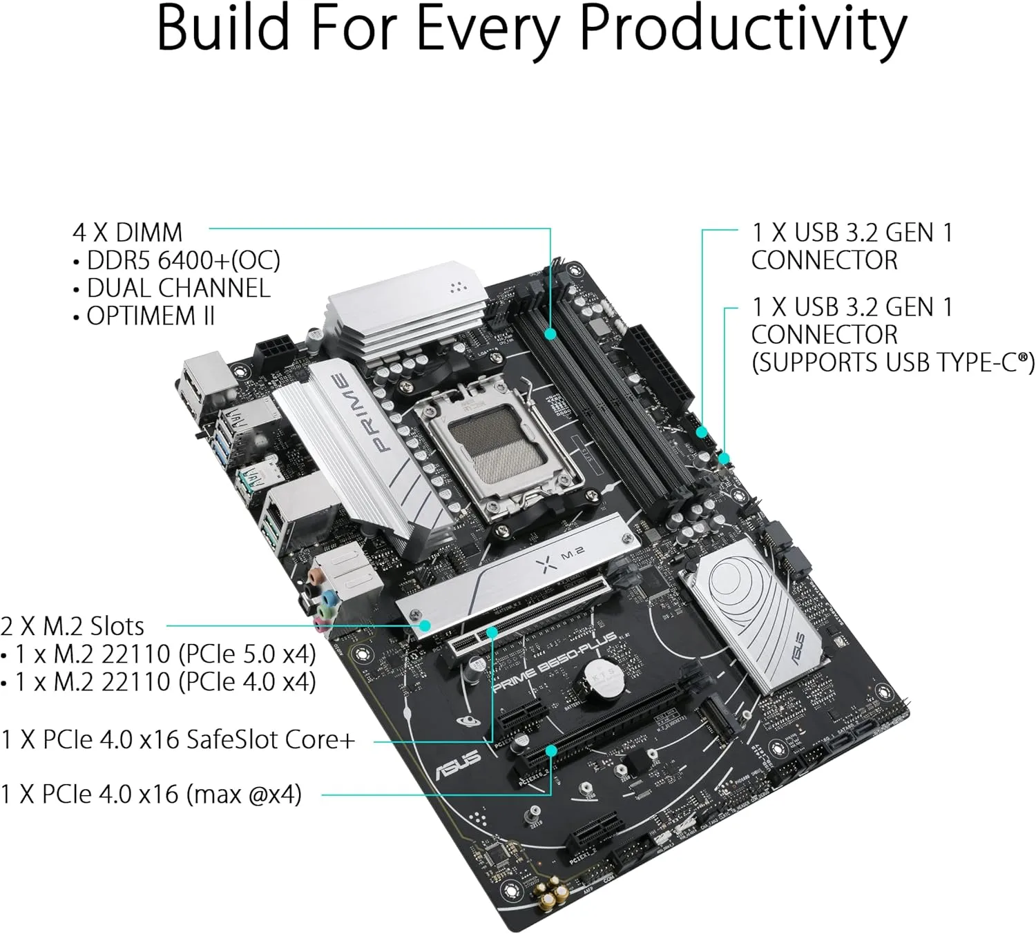 90MB1BS0-MVAAY0 B650-PLUS AMD B650 AM5 ATX motherboard DDR5 ASUS PRIME B650-PLUS AMD B650 AM5 Ryzen™ Desktop 9000 8000 and 7000 ATX motherboard , DDR5, PCIe 5.0 M.2, 2.5Gb LAN, DP, HDMI®, SATA 6Gbps, USB 3.2 Gen 2 & 1 Type-C®, BIOS FlashBack™, USB4® support