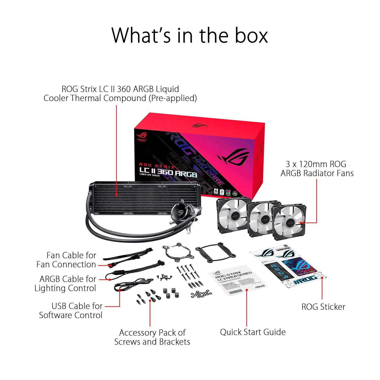 90RC00F1-M0CAY0 ASUS ROG Strix LC II 360 ARGB AIO Liquid CPU Cooler 360 ASUS ROG Strix LC II 360 ARGB All-in-one AIO Liquid CPU Cooler 360mm Radiator, Intel LGA1700, 115x/2066 and AMD AM4/TR4 Support, Triple 120mm 4-pin PWM Addressable RGB Radiator Fans