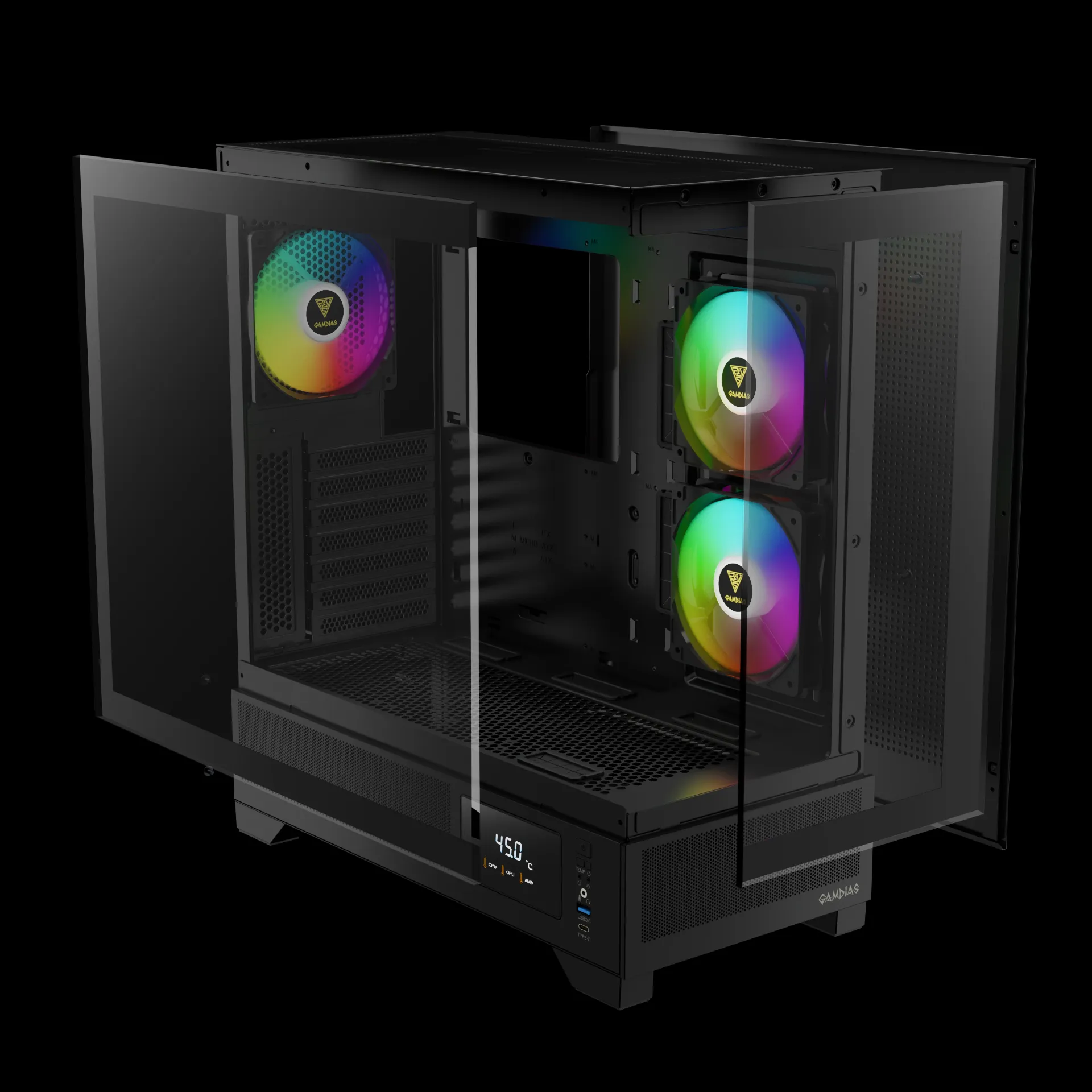 ATLAS_M1_Exh3 GAMDIAS ATLAS M1 Mid Tower Gaming Computer Case w/Display& App, ATX Tempered Glass PC Case, Built-in 3X 120mm ARGB PWM Fans, Up to RTX 4000 GPU/VGA 410mm& 360mm AIO/Radiator& 6x120mm Fans& 160mm CPU Cooler | BLACK ATLAS-M1-DIGITAL-B - Image 15