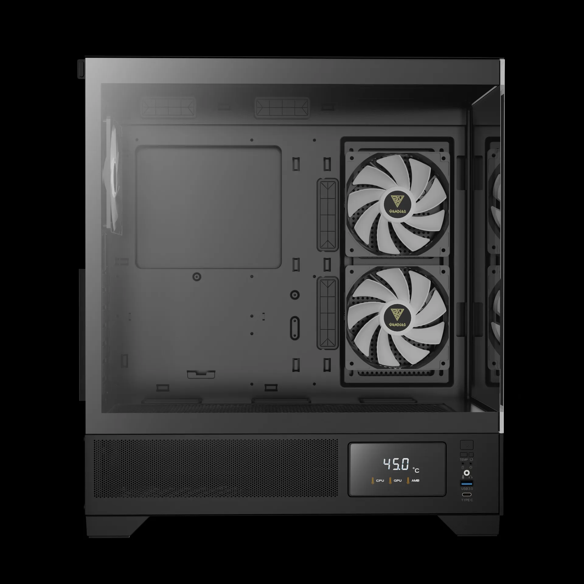 ATLAS_M1_Exh4 GAMDIAS ATLAS M1 Mid Tower Gaming Computer Case w/Display& App, ATX Tempered Glass PC Case, Built-in 3X 120mm ARGB PWM Fans, Up to RTX 4000 GPU/VGA 410mm& 360mm AIO/Radiator& 6x120mm Fans& 160mm CPU Cooler | BLACK ATLAS-M1-DIGITAL-B - Image 14