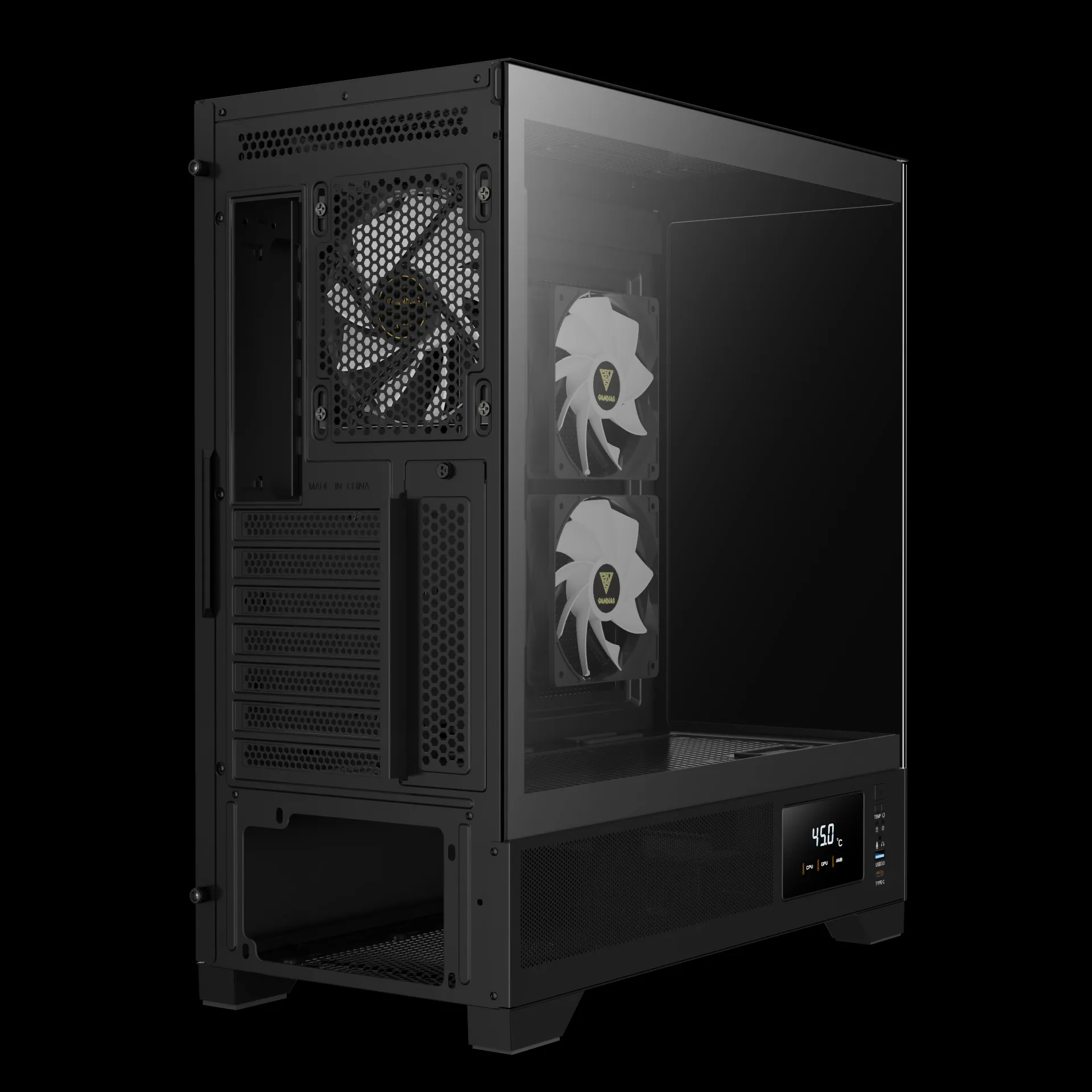 ATLAS_M1_Exh7 GAMDIAS ATLAS M1 Mid Tower Gaming Computer Case w/Display& App, ATX Tempered Glass PC Case, Built-in 3X 120mm ARGB PWM Fans, Up to RTX 4000 GPU/VGA 410mm& 360mm AIO/Radiator& 6x120mm Fans& 160mm CPU Cooler | BLACK ATLAS-M1-DIGITAL-B - Image 11
